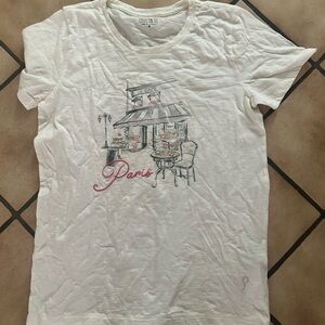 J. Crew Factory White Paris Café Graphic Tee with Pink Accents